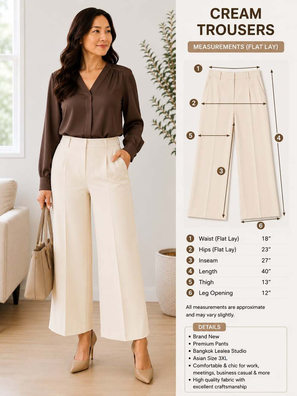 New Cream Wide Leg Office Trousers | Bangkok Lealea Studio